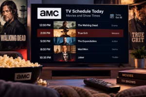 AMC TV schedule displayed on a television with movie listings, show times, and popular series titles.