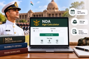 NDA age calculator on laptop showing birth date, exam date, and eligibility beside an Indian cadet.