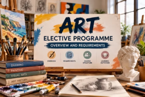 Art Elective Programme overview with course requirements, learning outcomes, painting tools, and sketches.