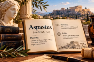 Open book explaining Aspastus meaning and Greek origins, with ancient Athens and classical artifacts.