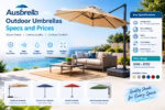 Ausbrella outdoor umbrellas displayed poolside with key features, canopy styles, color options, and prices.