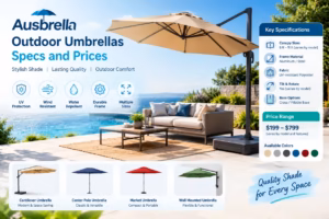Ausbrella outdoor umbrellas displayed poolside with key features, canopy styles, color options, and prices.