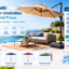 Ausbrella outdoor umbrellas displayed poolside with key features, canopy styles, color options, and prices.