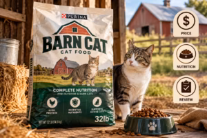 Barn Cat 32lb dry cat food bag beside a tabby cat and kibble bowl, highlighting price and nutrition.