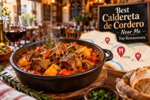 Traditional Caldereta de Cordero lamb stew served in a Spanish restaurant with nearby dining locations.