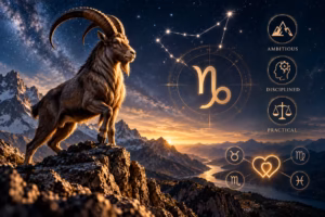 Capricorn goat beneath a starry sky with zodiac symbols showing personality traits and compatibility.