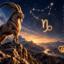 Capricorn goat beneath a starry sky with zodiac symbols showing personality traits and compatibility.