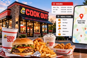 Cook Out restaurant with burgers, fries, milkshakes, menu items, opening hours, and nearby locations.