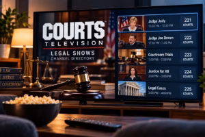 Courts Television guide displaying legal shows, courtroom programs, channel numbers, and TV schedules.