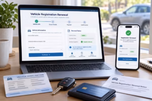 Online vehicle registration renewal shown on a laptop with car keys, documents, and phone confirmation.