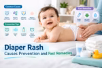 Infographic showing diaper rash causes, prevention tips, and gentle remedies for babies, including barrier cream.