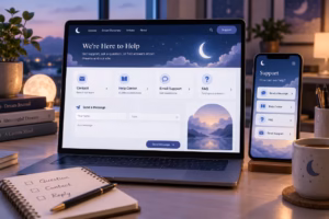 Dream-themed support page on a laptop with contact options, help center, phone, and notebook.