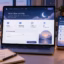 Dream-themed support page on a laptop with contact options, help center, phone, and notebook.