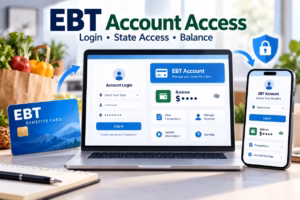 EBT account access shown on laptop and phone with state login, balance check and benefits card.