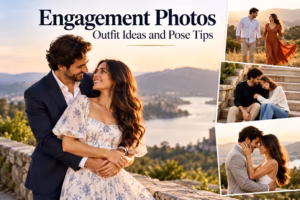 Couple posing for engagement photos in coordinated outfits with romantic outdoor pose ideas.