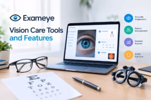 Exameye vision care tools displayed on a laptop with eye diagnostics, eyeglasses, and optometry equipment.