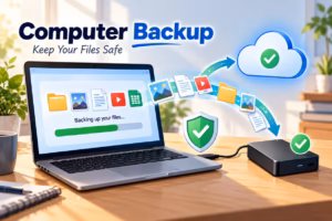 Laptop backing up files to cloud storage and an external drive with secure backup indicators.
