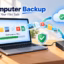 Laptop backing up files to cloud storage and an external drive with secure backup indicators.