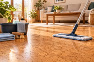 Microfiber mop and gentle cleaning supplies on cork flooring in a bright, cozy living room setting.