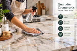 Quartzite countertop with mild cleaner and soft cloth, showing daily cleaning tips for safe maintenance.
