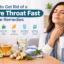 Woman holding her sore throat with home remedies nearby, including honey, herbal tea, ginger, and warm water.