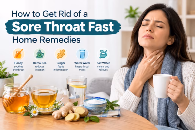 Woman holding her sore throat with home remedies nearby, including honey, herbal tea, ginger, and warm water.