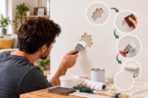 Man repairing chipped wall paint with putty knife, showing sanding, filling, and repainting steps.