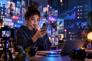 Influencer reviewing viral social media activity with engagement metrics and trend analytics on screen.