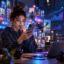 Influencer reviewing viral social media activity with engagement metrics and trend analytics on screen.