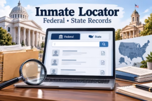 Inmate locator search showing federal and state records on a laptop with a U.S. map and documents.