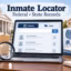 Inmate locator search showing federal and state records on a laptop with a U.S. map and documents.