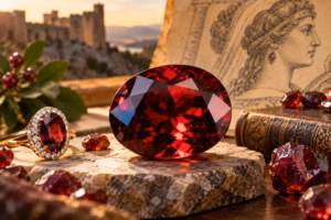 Deep red January garnet gemstone with vintage jewelry and historical elements in warm golden light.
