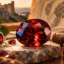 Deep red January garnet gemstone with vintage jewelry and historical elements in warm golden light.