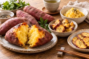 Japanese sweet potatoes served roasted, mashed, and sliced with sesame seeds, greens, and tea.
