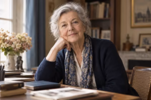 Editorial portrait representing Jeannine Belleguic seated at a desk in a warm, book-lined study.