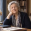 Editorial portrait representing Jeannine Belleguic seated at a desk in a warm, book-lined study.