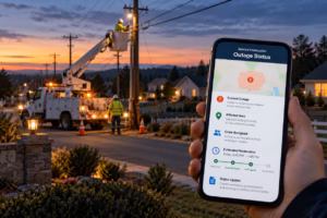 Utility crew repairing power lines while a phone displays outage status and restoration updates.