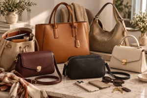 Popular handbag styles including tote, crossbody, hobo, bucket, and top-handle bags on display.