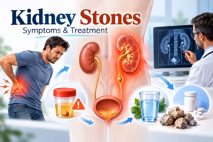 Kidney stone illustration showing flank pain, urinary system, diagnosis, hydration and treatment options.