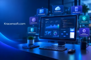 Kracensoft.com software dashboard showcasing web development, cloud solutions, AI tools, and IT services.