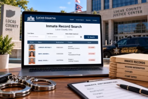 Laptop showing Lucas County inmate record search with booking details outside Ohio justice center.