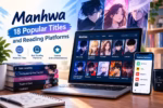 Manhwa reading guide featuring popular titles on a laptop and leading comic reading platforms on a smartphone.