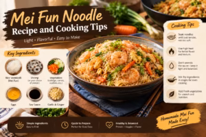 Mei Fun rice noodles with shrimp, eggs, and vegetables, featuring key ingredients and cooking tips for a tasty stir-fry.