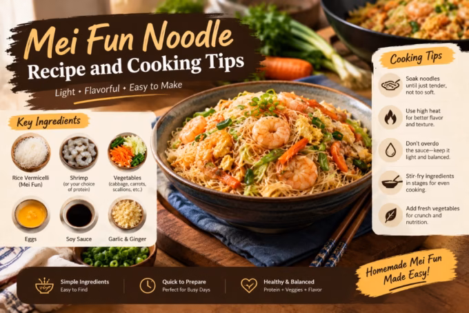 Mei Fun rice noodles with shrimp, eggs, and vegetables, featuring key ingredients and cooking tips for a tasty stir-fry.