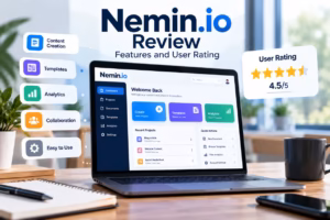 Nemin.io review showing platform features, dashboard tools, analytics, collaboration and user rating.