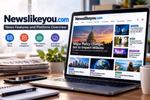 Newslikeyou.com news platform on a laptop showing articles, categories, headlines, and site features.