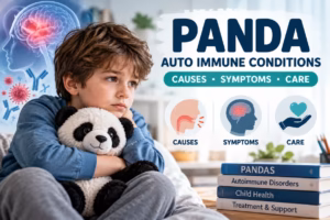 Child holding a panda toy with PANDAS autoimmune condition symptoms, possible causes, and care options.
