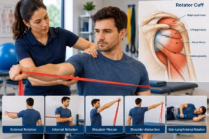 Physical therapist guiding rotator cuff exercises with resistance band and shoulder anatomy diagram.