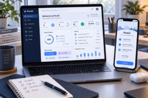 Pomiii app dashboard on a laptop with mobile setup steps, checklist, and productivity tools nearby.