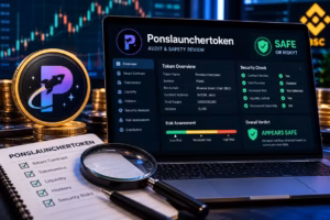 Ponslaunchertoken audit dashboard showing smart contract checks, liquidity, tokenomics, and risk review.